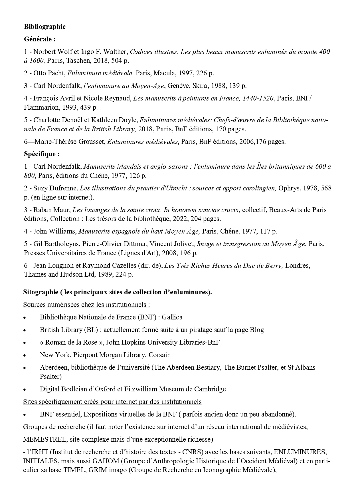 Enluminures bibliographie