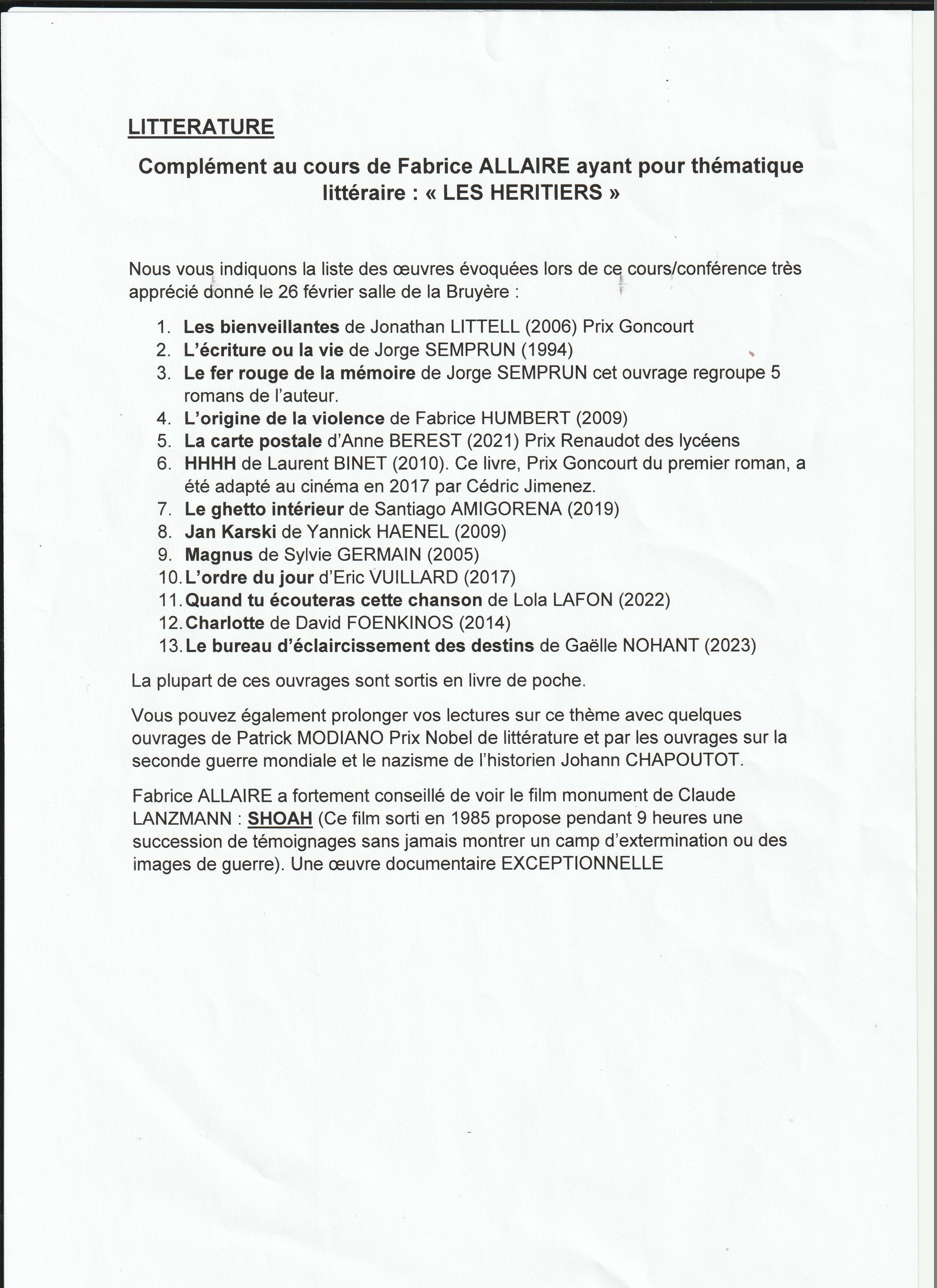 Oeuvre littéraires LES HERITIERS